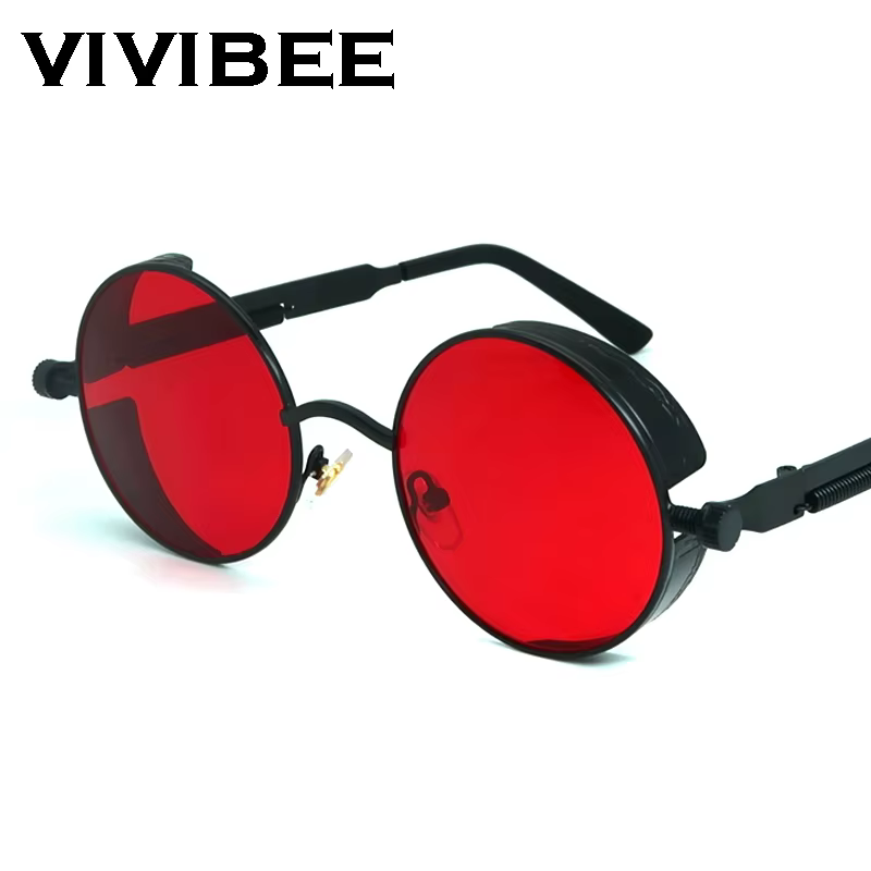 Vivibee Vintage Steampunk Red Sunglasses Men Round Punk