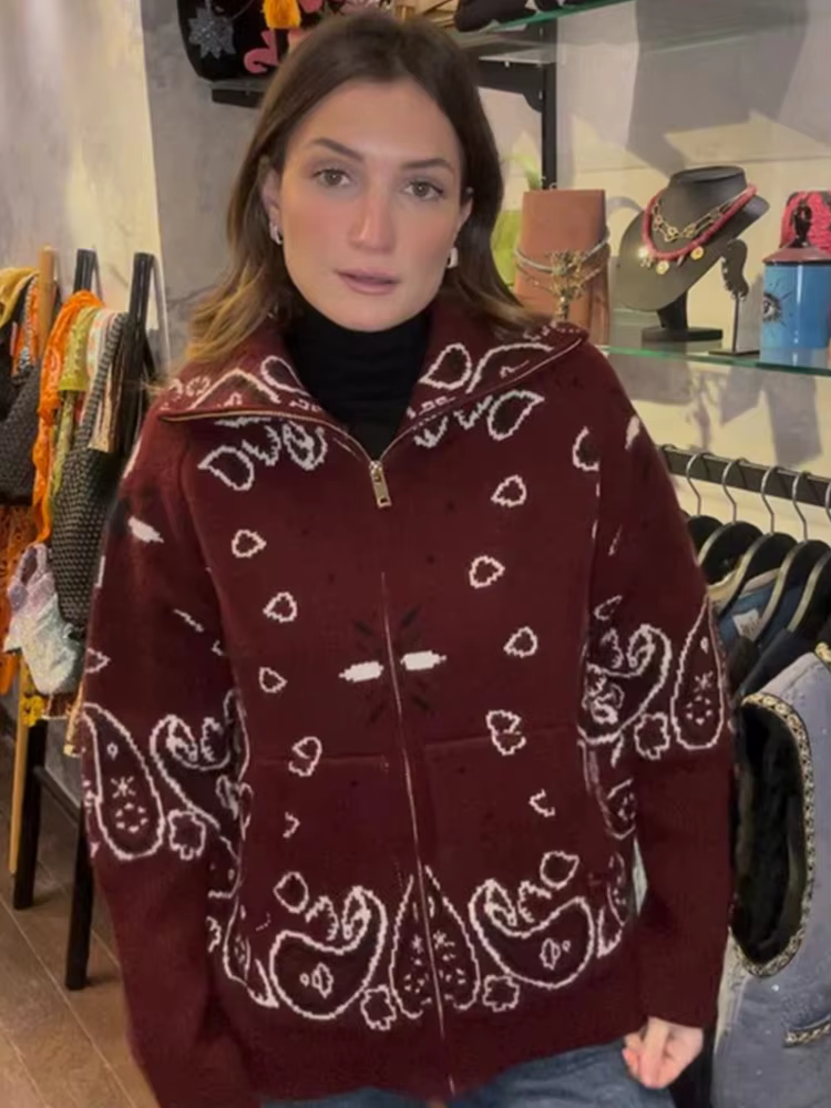 Spring Loose Knit Jacquard Stand Collar Women Cardigan