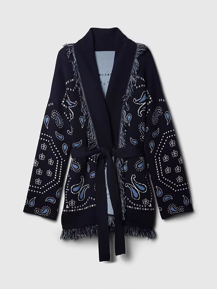 Vintage Tassels Print Print Cardigan V-neck Lace Up Full