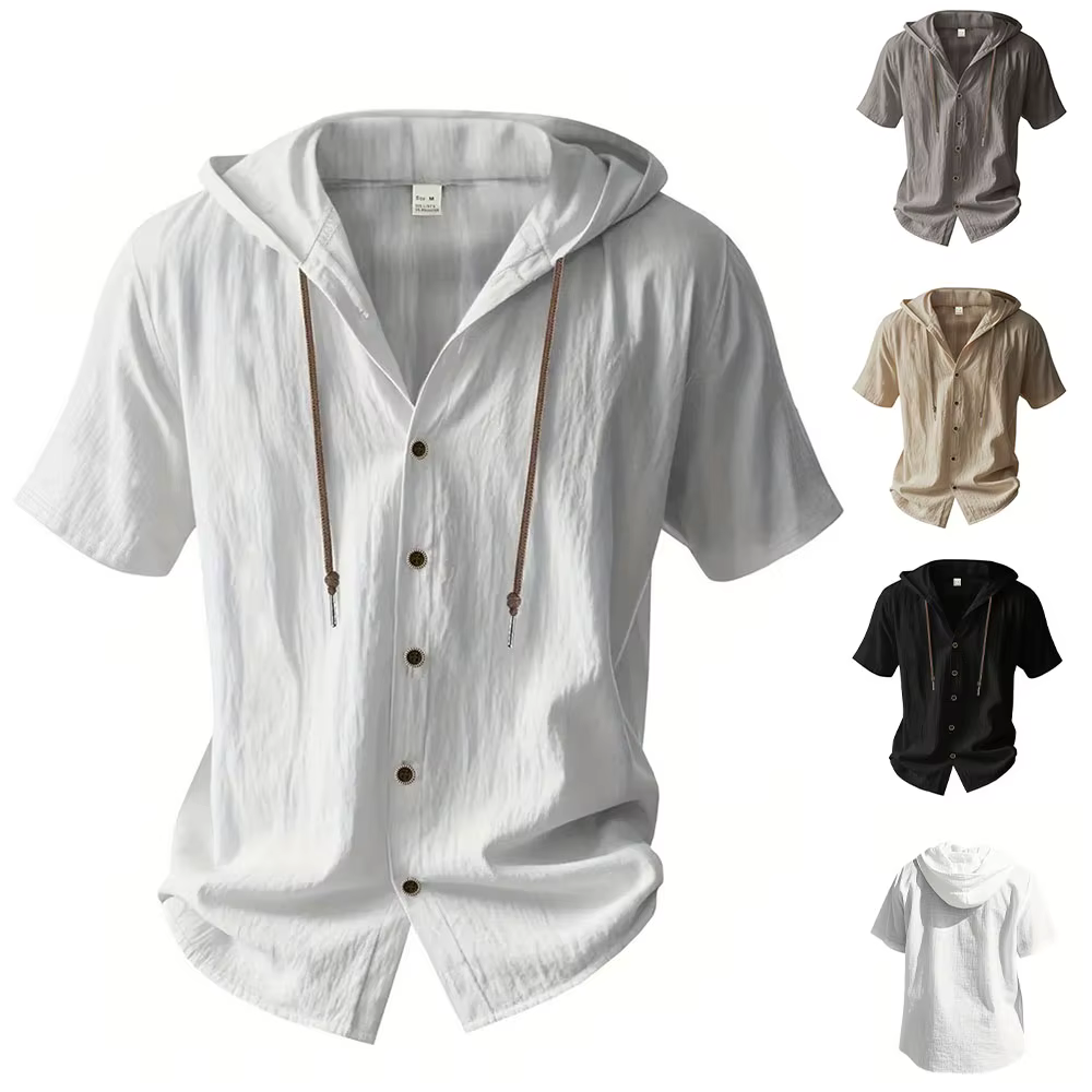 Cotton Linen Shirt Hooded Short Sleeve Solid Color
