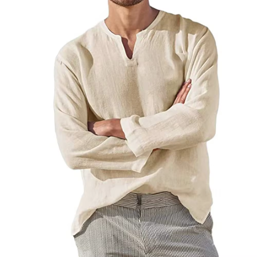 Cotton Linen Shirt Cozy Solid Color Long Sleeve Breathable