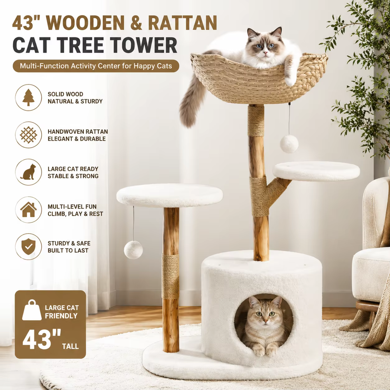 Wooden Cat Tree Tower with Rattan