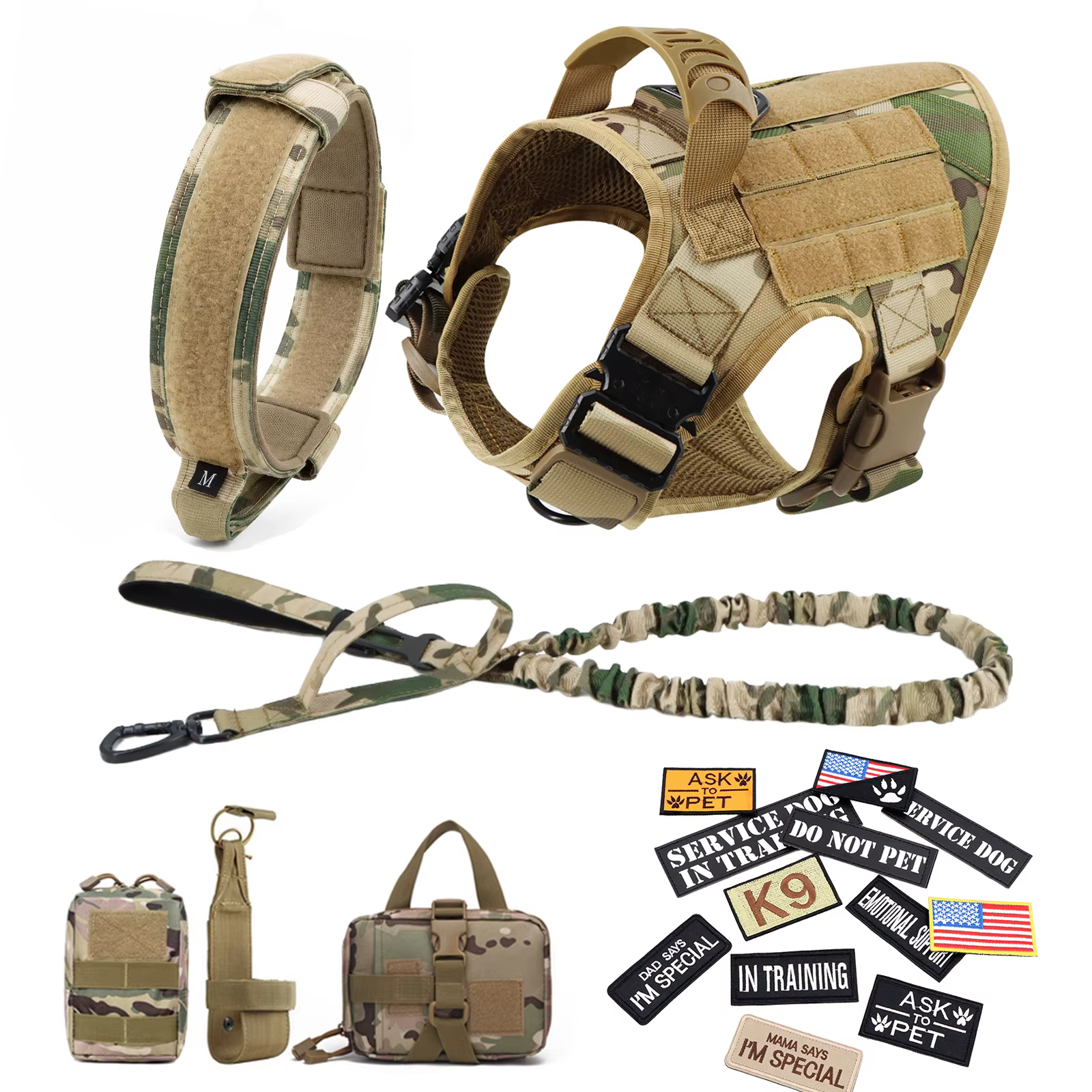 Military Large Dog Harness Collar Leash Bags Patches Set